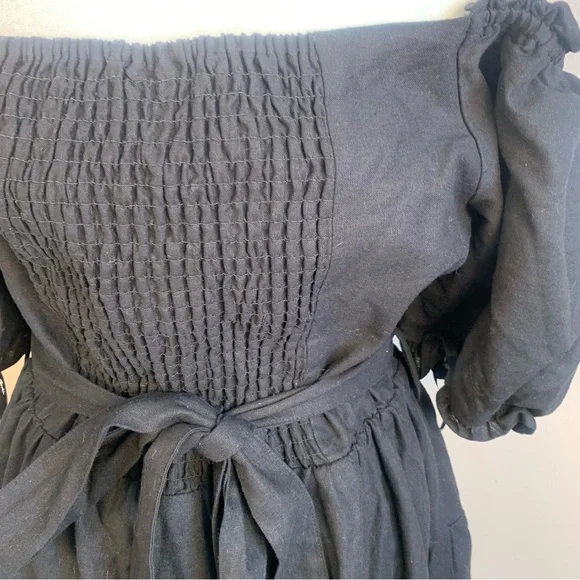 City Chic Linen Blend Off Shoulder Tiered Puff Sleeve Midi Dress - Picture 5 of 14